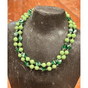 MCM GREEN WHITE CZECH GLASS BEADS DOUBLE STRAND CHOKER NECKLACE JAPAN EUC